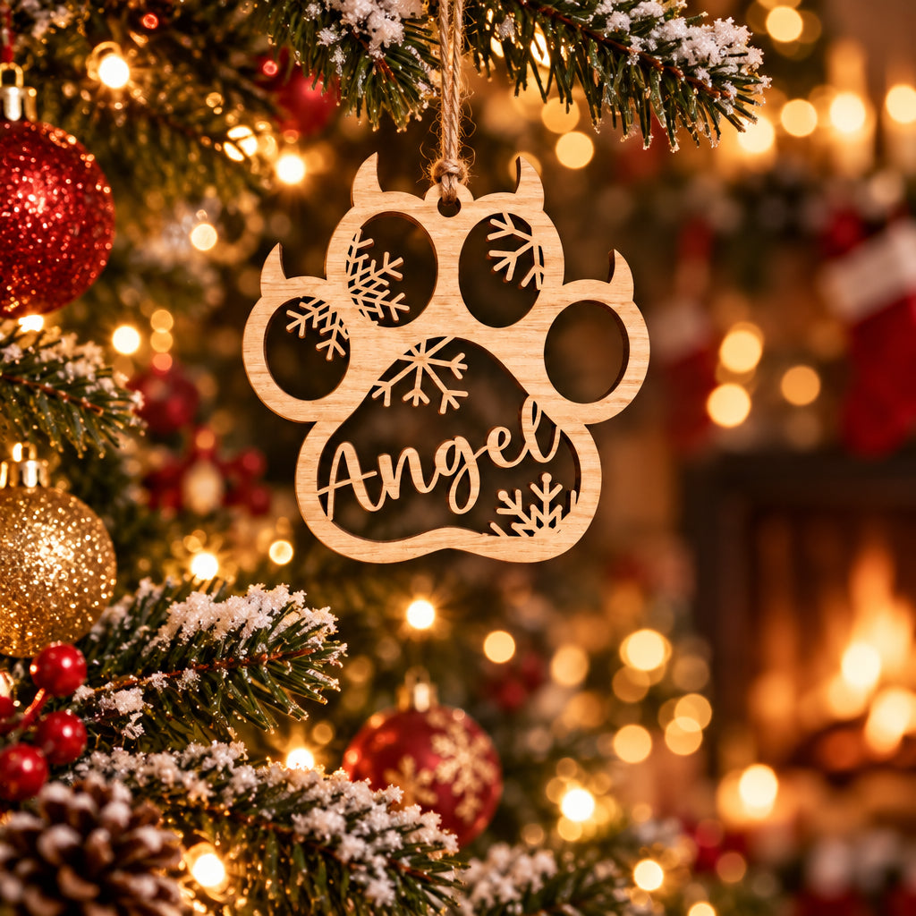 Custom Pet Paw Christmas Ornament: Personalized Wooden Dog