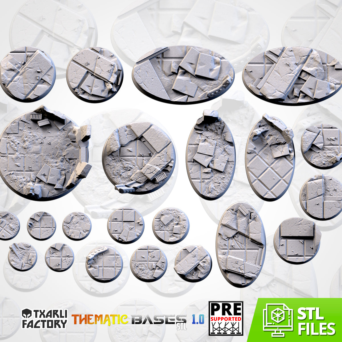 City Ruins bases - Txarli Factory, 25mm, 28.5, 32, 40, 60, 80, 90, 100 round plus 60x35, 75x43, 90x52, 105x70, 120x92, 169x108mm oval