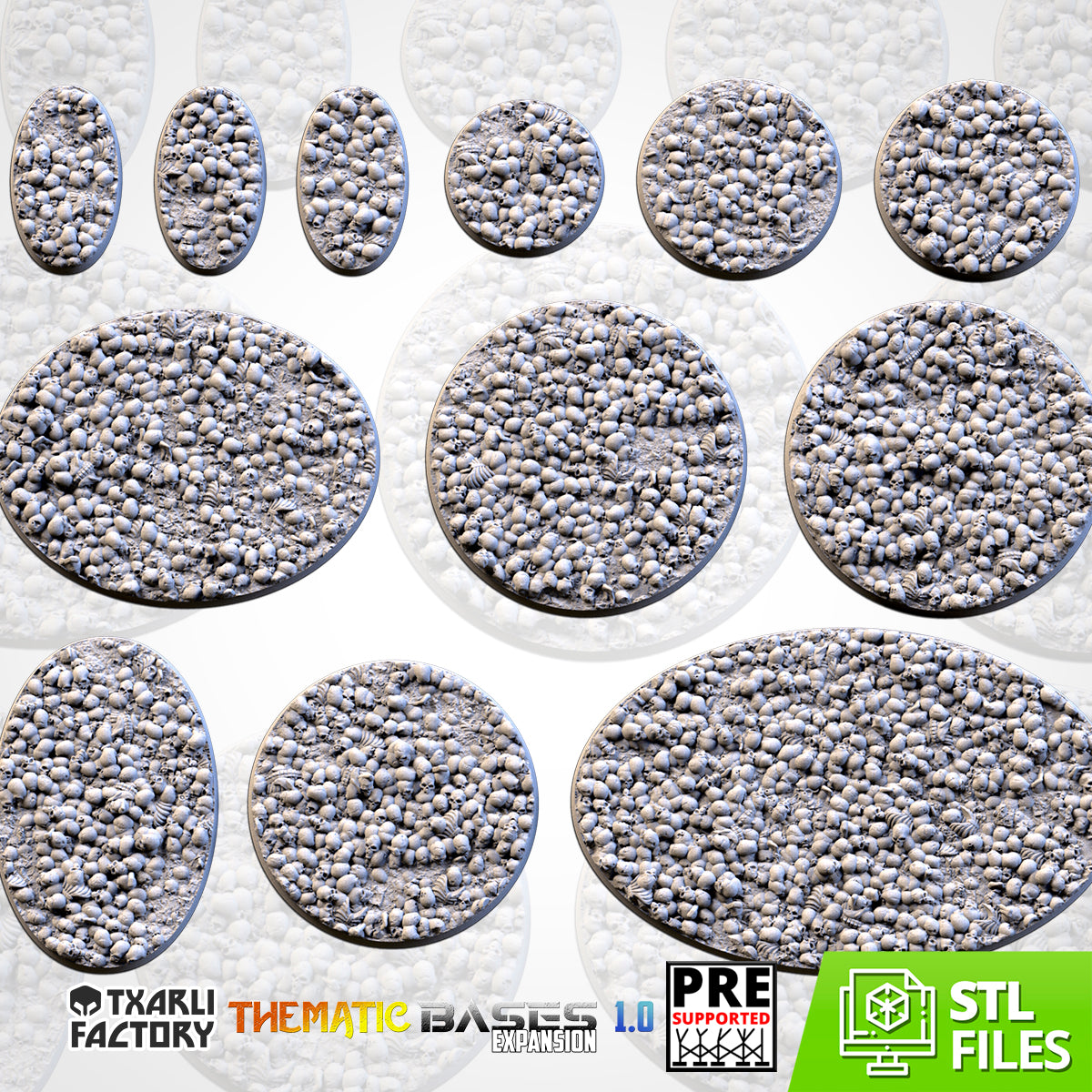 Death Skulls bases - Txarli Factory, 25mm, 28.5, 32, 40, 60, 80, 90, 100 round plus 60x35, 75x43, 90x52, 105x70, 120x92, 169x108mm oval