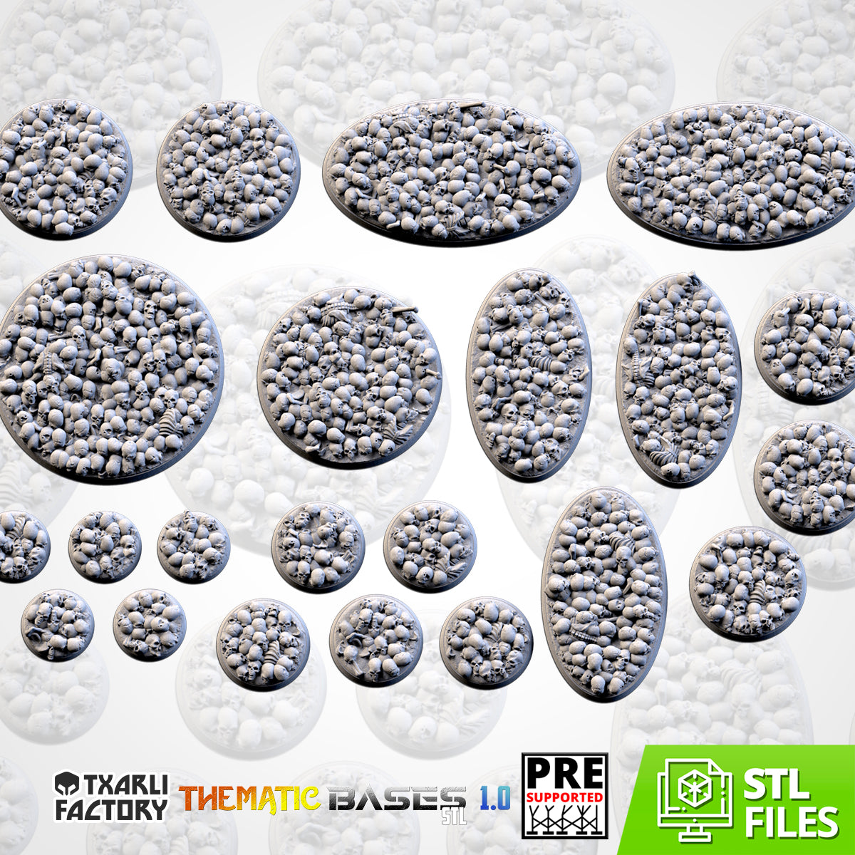 Death Skulls bases - Txarli Factory, 25mm, 28.5, 32, 40, 60, 80, 90, 100 round plus 60x35, 75x43, 90x52, 105x70, 120x92, 169x108mm oval