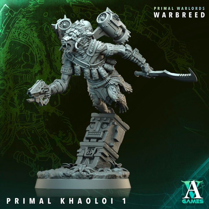 Warhammer figurine with detailed armor and weapon on a dark background, featuring 'Primal Warlords' branding.