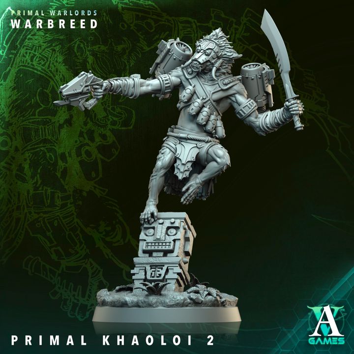 Warbreed figurine with weapons on a dark background, featuring Primal Warlords branding.
