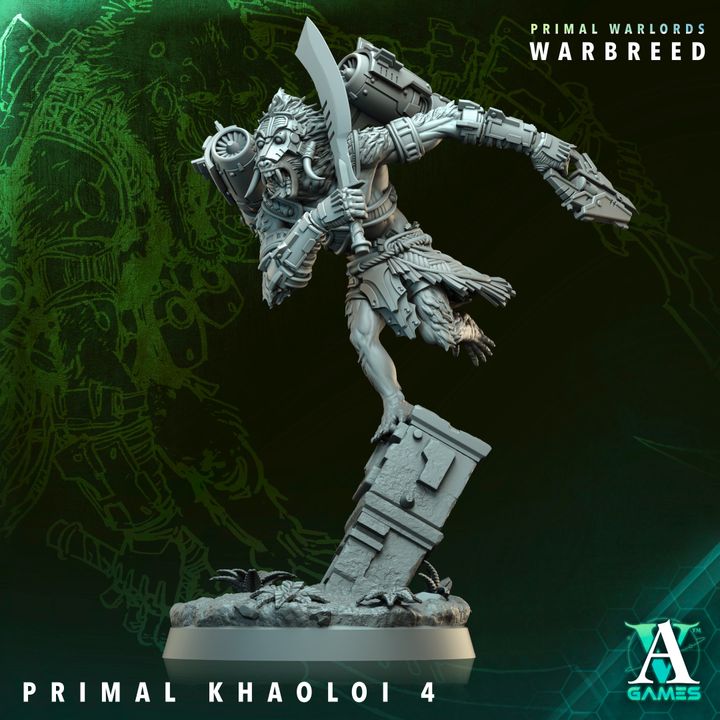 Warhammer figurine with a sword on a dark background, featuring 'Primal Warlords' branding.