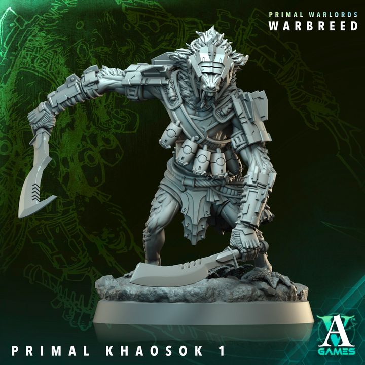 Warrior figurine with armor and weapons on a dark background, featuring 'Primal Warlords' branding.