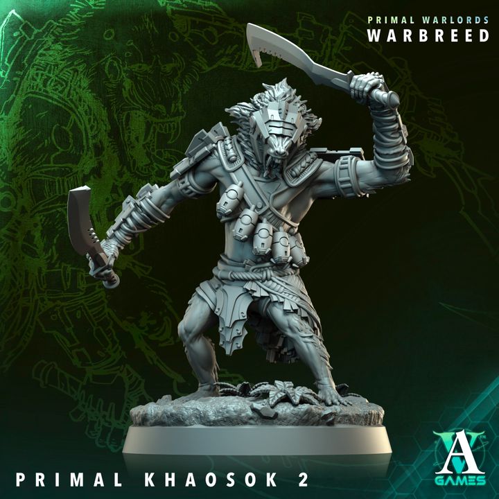 Warhammer figurine 'Primal Khaosok 2' from Primal Warlords Warbreed with a green and black background.