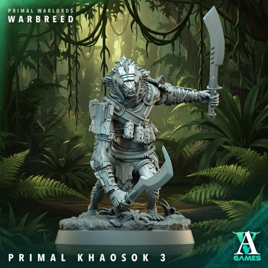 Warbreed figurine with two swords on a dark background, featuring 'Primal Warlords' branding.