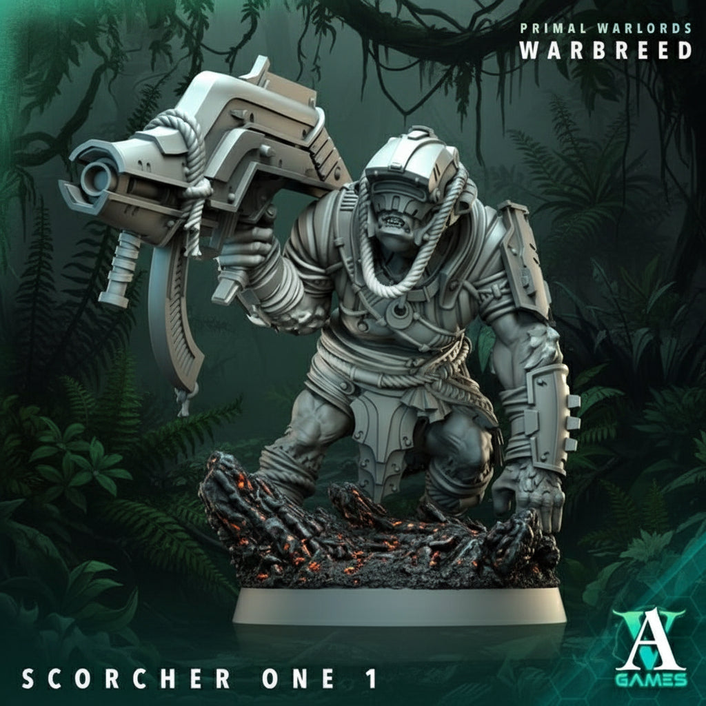 Warhammer 40K model 'Scorcher One 1' from Primal Warlords Warbreed on a green and black background.