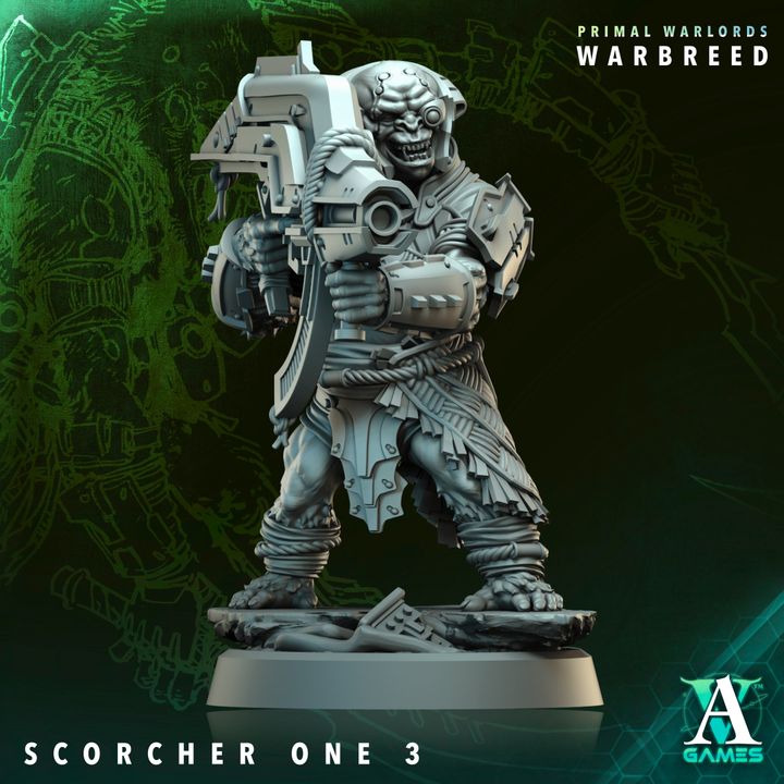 Warhammer 40K model 'Scorcher One 3' from Primal Warlords Warbreed on a green and black background.