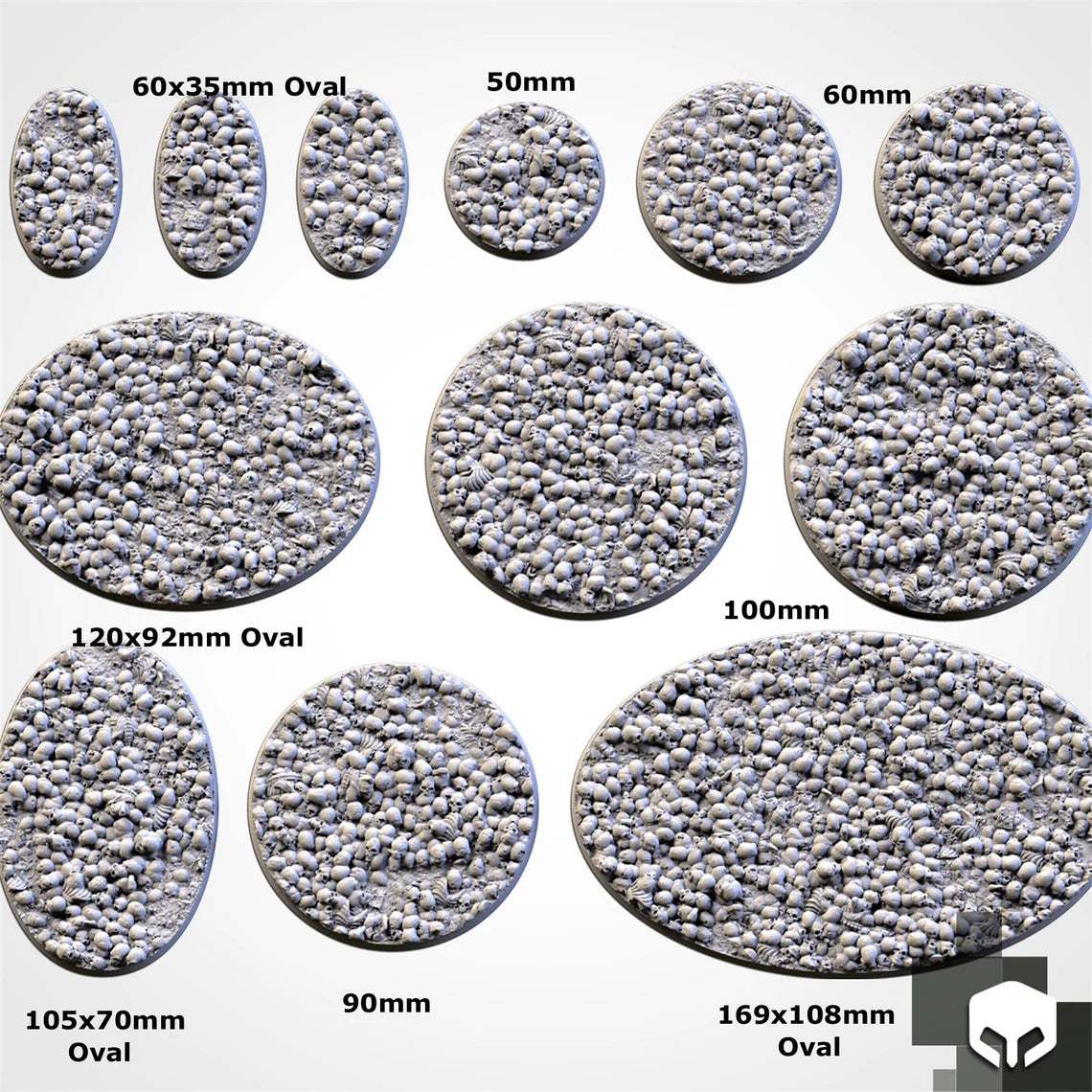 Death Skulls bases - Txarli Factory, 25mm, 28.5, 32, 40, 60, 80, 90, 100 round plus 60x35, 75x43, 90x52, 105x70, 120x92, 169x108mm oval