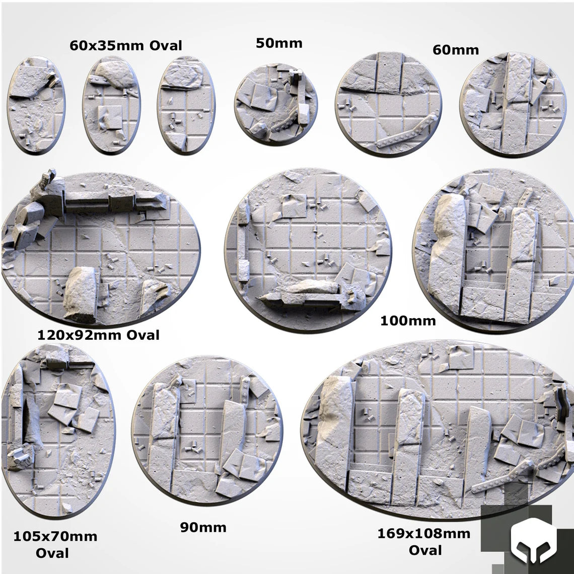 City Ruins bases - Txarli Factory, 25mm, 28.5, 32, 40, 60, 80, 90, 100 round plus 60x35, 75x43, 90x52, 105x70, 120x92, 169x108mm oval