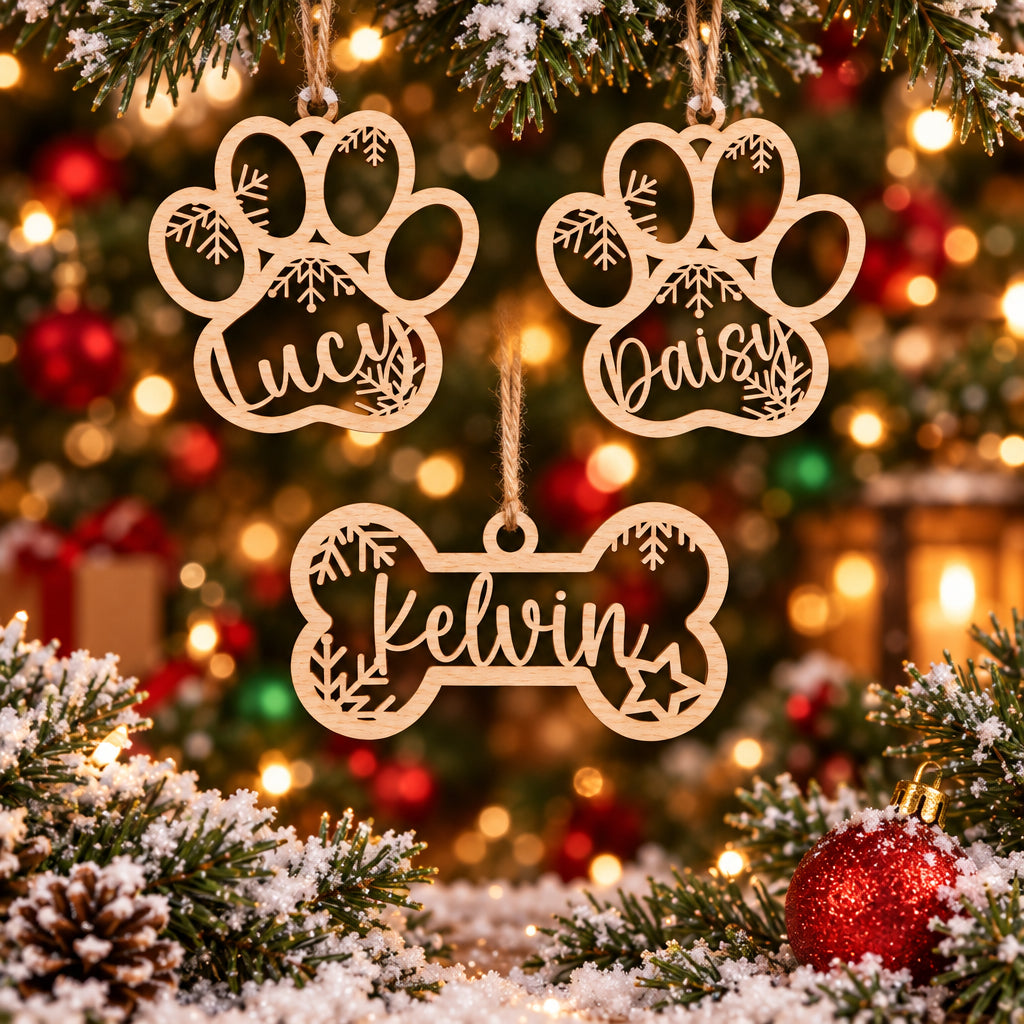 Custom Pet Paw Christmas Ornament: Personalized Wooden Dog