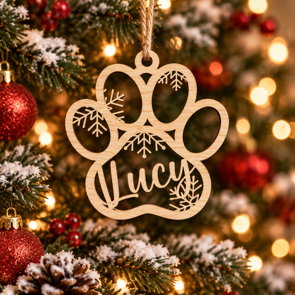 Custom Pet Paw Christmas Ornament: Personalized Wooden Dog
