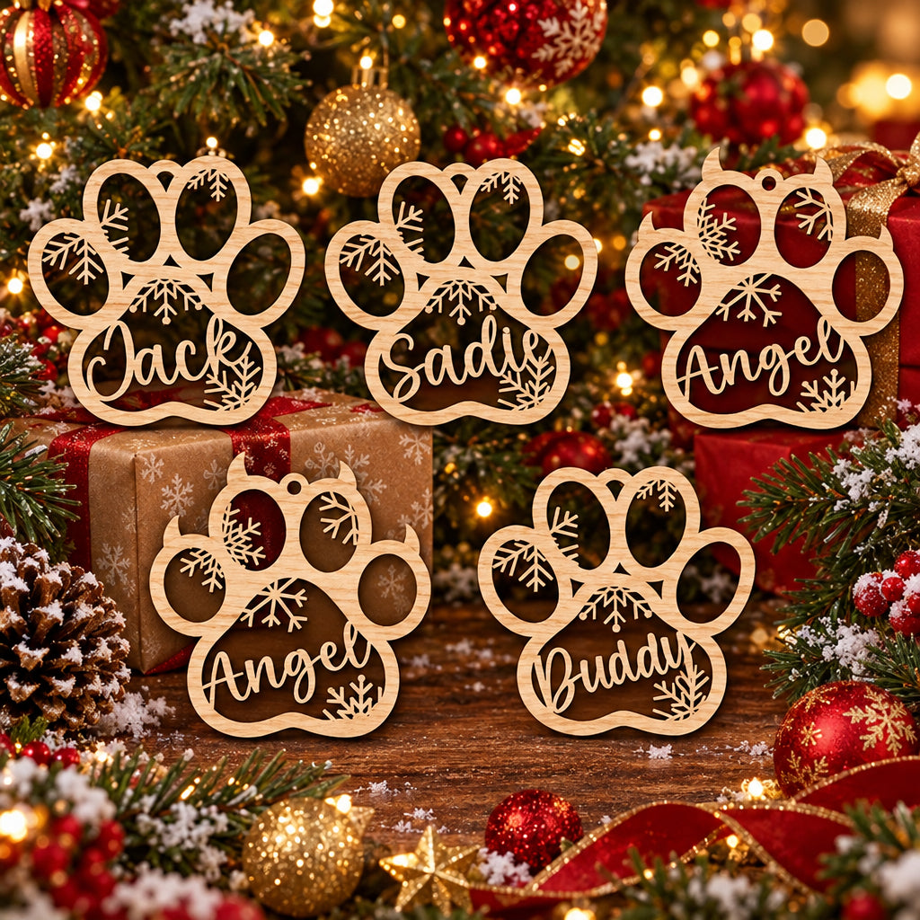 Custom Pet Paw Christmas Ornament: Personalized Wooden Dog